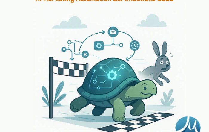 A smiling turtle with a tech-enhanced shell crosses a finish line ahead of a surprised hare, surrounded by automation icons like gears, email, and workflow arrows.