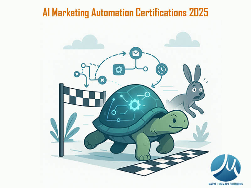 A smiling turtle with a tech-enhanced shell crosses a finish line ahead of a surprised hare, surrounded by automation icons like gears, email, and workflow arrows.