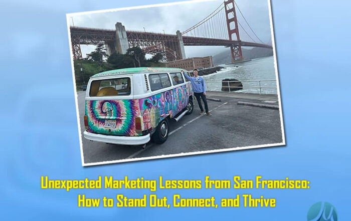 Colorful flower-themed bus and person standing near Golden Gate Bridge in San Francisco, showcasing marketing inspiration.