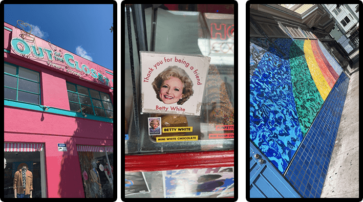 San Francisco Storefronts, Pride Art, and Betty White Tribute Colorful storefronts, LGBTQ+ pride murals, and a Betty White tribute display in San Francisco.