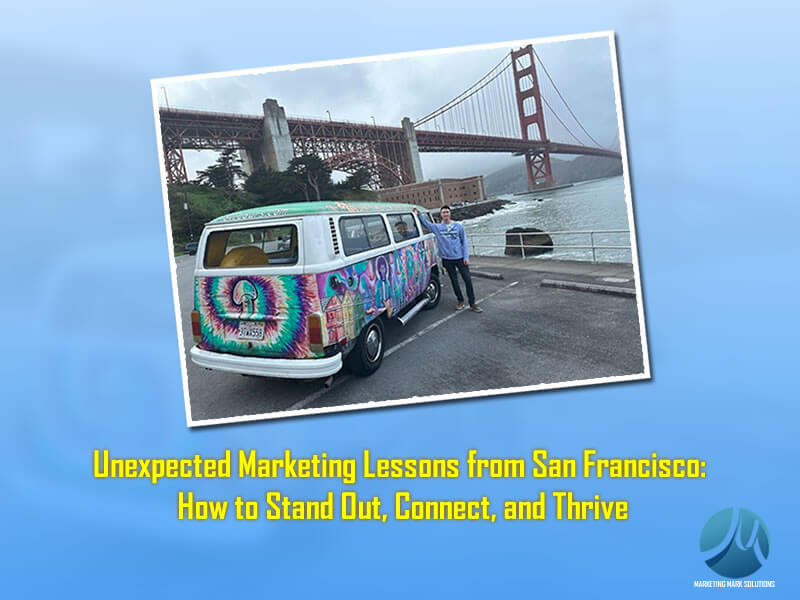Colorful flower-themed bus and person standing near Golden Gate Bridge in San Francisco, showcasing marketing inspiration.